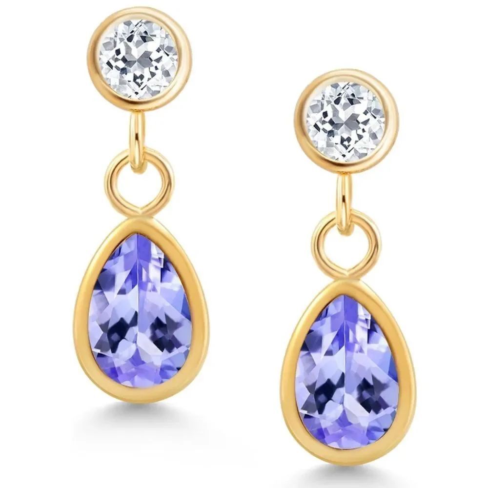 14K Yellow Gold with 1.17 Cttw Blue Tanzanite and White Topaz Post Back Earrings